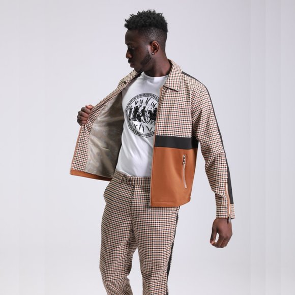 Closeout! Mens Houndstooth Tracksuit 2pc, Brown - Picture 3 of 7